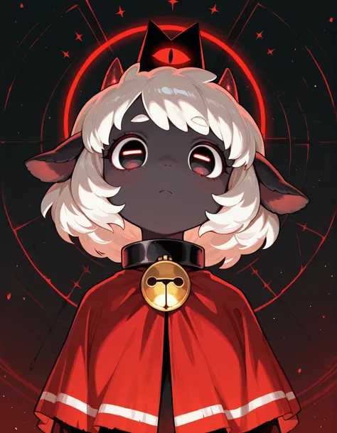 masterpiece, best quality, very aesthetic, 1girl, solo, cult of the lamb, sheep girl, collar, horizontal pupils, red/black eyes, red crown,