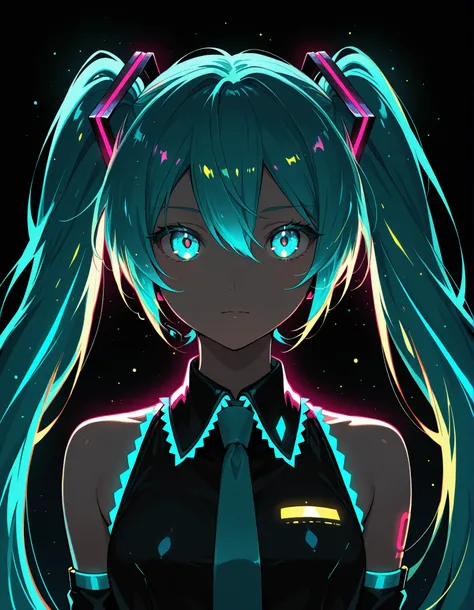 masterpiece, best quality, very aesthetic, 1girl, Hatsune Miku,limited palette,black background,colorful,vibrant,glowing outline,neon,blacklight,looking at viewer, masterpiece, very aesthetic