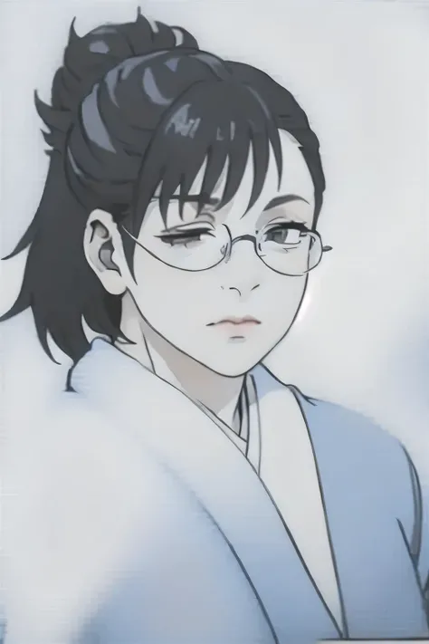 white background,
Cyan objects, kimono,Japanese Kimono,
eye, black hair,
40 years old,womanhood,beautiful long legs,beautiful body,milf,
Nose,beautiful character design, perfect eye, perfect  face,expressive eye,Perfect Balance,
rimless,(Focus on her  face...