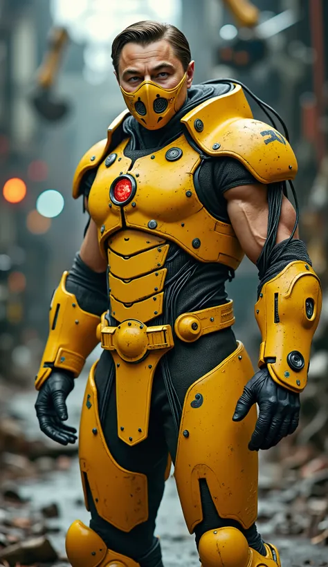 Leonardo DiCaprio como Cyrax de mortal kombat in full metallic yellow mech armor, glowing red sensor eyes, ultra-realistic cybernetic textures, wires and steam details, mechanical jaw mask, 4K cinematic shot, background: high-tech assembly factory with rob...