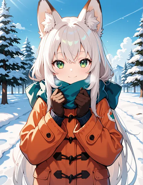 masterpiece, best quality, very aesthetic, 1girl,, anime, solo, BREAK, young fox girl, skinny and frail, (petite,cute:0.5), green eyes, looking at viewer, long hair, white hair, smile, winter clothes, outdoors, winter,