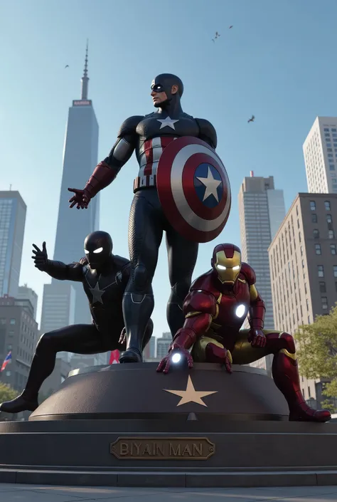 "Create a highly detailed, ultra-realistic image of a grand statue featuring Captain America, Iron Man, and Spider-Man together on a single pedestal in a city plaza.

Captain America stands proudly in the center, holding his iconic shield at his side, his ...