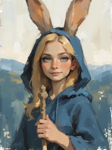sketch painting, A cute light yellow rabbit, fluffy fur, she wears a Sapphire Blue hooded cloak, holds a magician's staff. (((shiny hair))), (((beautifully detailed eyes))), (((Light Sky Blue eyes:1.5))), (((bright eyes))), expressive eyes and lips, (((lig...