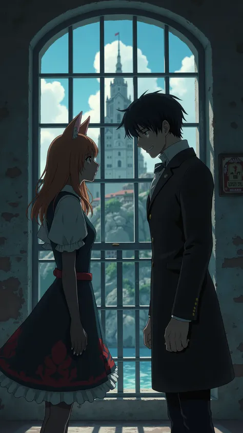 highdefinition image、Lupin with a collar、Being scolded by a cat girl、刑務所内部、Alcatraz prison in the background