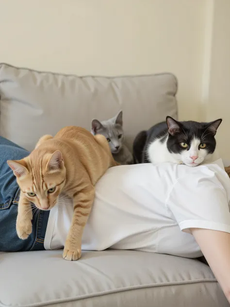 A woman lies face down on a light gray couch, wearing a white t-shirt and blue jeans. Three cats of different colors - one orange tabby, one gray, and one black and white - are sprawled across the woman's back. The orange tabby cat rests its head on the wo...