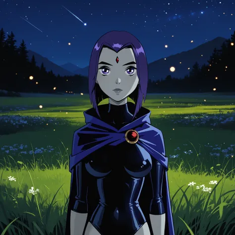 1girl, semi-realistic, Raven, facial symmetry, short purple hair, short hair, purple eyes, grey skin, forehead jewel,masterpiece, best quality, eyes twinkling with hope and wonder, eye symmetry, grey skin, skintight black_leotard, cape,  forehead jewel, lo...