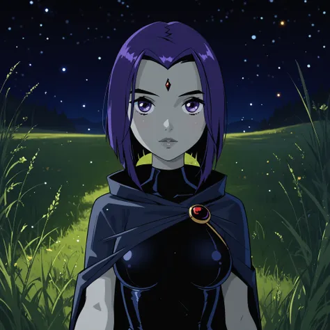semi-realistic, 1girl, semi-realistic, Raven, facial symmetry, short purple hair, short hair, purple eyes, grey skin, forehead jewel,masterpiece, best quality, eyes twinkling with hope and wonder, eye symmetry, grey skin, skintight black_leotard, cape,  fo...