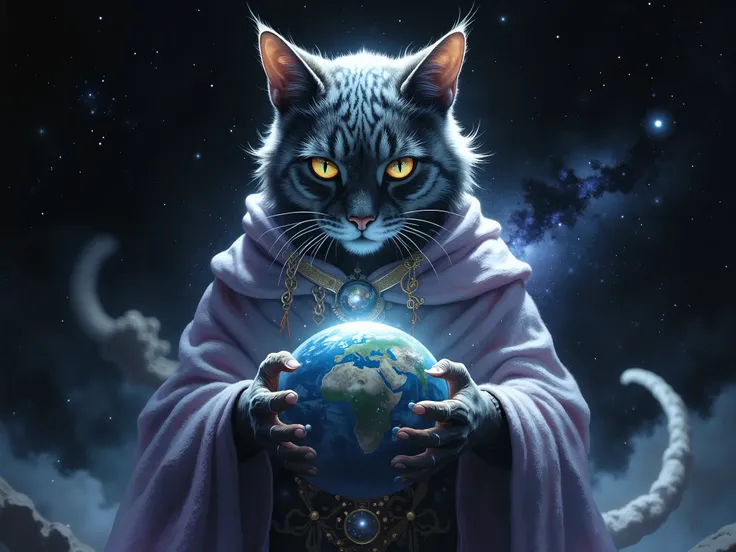 a cat like a cosmic being in space that has the Earth in the palm of its paws, The image is cinematic and epic with a dark tone