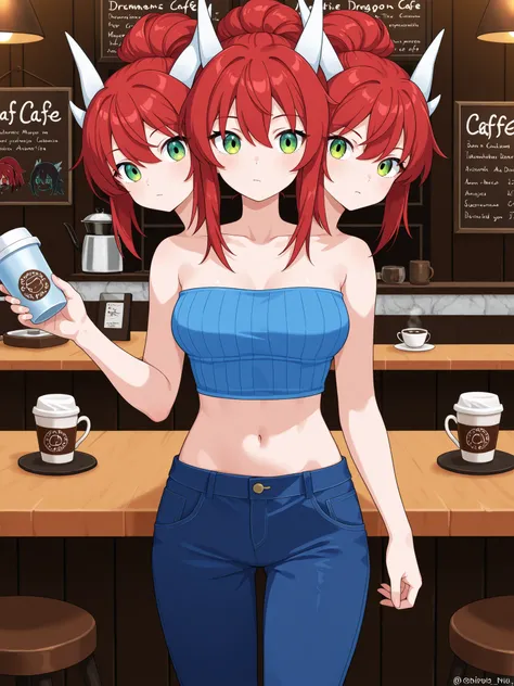 conjoined, anime dragon girl with three heads, red hair, each head has a different hairstyle and facial expression, green eyes, blue tube top, blue pants, casual, cafe