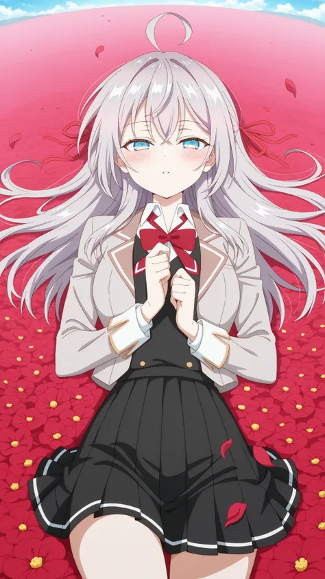 BREAK (masterpiece:1.2), best quality, high resolution, unity 8k wallpaper, (illustration:0.8), (beautiful detailed eyes:1.6),Twisting clouds forming a cyclone  
above an open red flower field,  
flowers bending sharply under wind pressure,  
air filled wi...