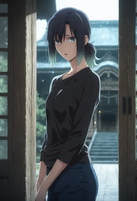 masterpiece, best quality, amazing quality, highres, absurdres, very aesthetic, high resolution, ultra detailed, perfect details, solo, evening, ufotable style, indoors,((temple)),night lens flare,((cinematic light)), from side, ,
1girl, ufotable style, ...