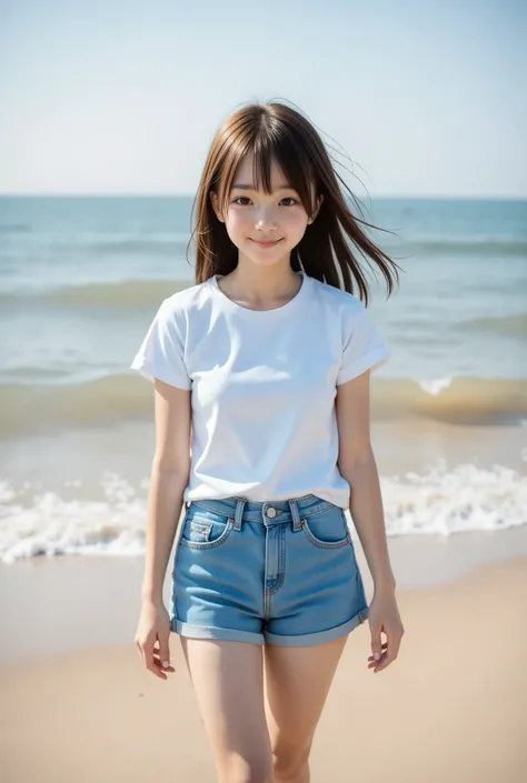 highest quality, masterpiece, 8k, highest resolution, very cute japanese girl, cutest girl in japan, very young, junior idol, white t-shirt, long hair, denim shorts、outdoor, full body, sandy beach、laughing, short legs, barefoot, walking, wind blows hair, l...