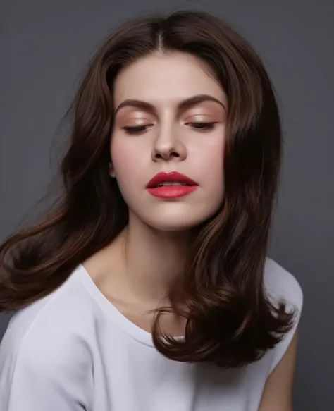 Alexandra Daddario, A studio photography of a beautiful woman with her eyes closed, indoor, soft diffused studio lighting, minimalistic, photorealism, 4k resolution, ultra high quality, realistic proportions, low contrast, face focused, long hair, long dar...