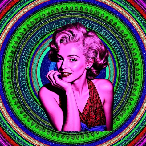 Marilyn Monroe is depicted in a stylized pop-art rendition, characterized by vivid, high-contrast colors that emphasize a sense of modernity and surrealism. Her shoulder-length wavy hair, styled meticulously, suggests a classic look reminiscent of mid-20th...