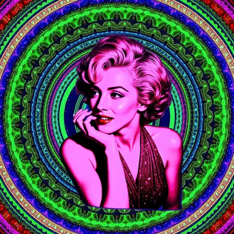Marilyn Monroe is depicted in a stylized pop-art rendition, characterized by vivid, high-contrast colors that emphasize a sense of modernity and surrealism. Her shoulder-length wavy hair, styled meticulously, suggests a classic look reminiscent of mid-20th...
