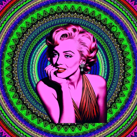 Marilyn Monroe is depicted in a stylized pop-art rendition, characterized by vivid, high-contrast colors that emphasize a sense of modernity and surrealism. Her shoulder-length wavy hair, styled meticulously, suggests a classic look reminiscent of mid-20th...