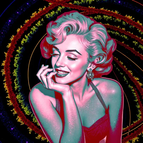 Marilyn Monroe is depicted in a stylized pop-art rendition, characterized by vivid, high-contrast colors that emphasize a sense of modernity and surrealism. Her shoulder-length wavy hair, styled meticulously, suggests a classic look reminiscent of mid-20th...
