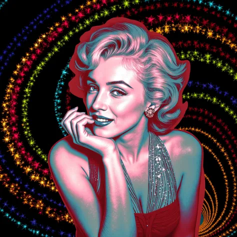 Marilyn Monroe is depicted in a stylized pop-art rendition, characterized by vivid, high-contrast colors that emphasize a sense of modernity and surrealism. Her shoulder-length wavy hair, styled meticulously, suggests a classic look reminiscent of mid-20th...