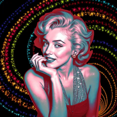 Marilyn Monroe is depicted in a stylized pop-art rendition, characterized by vivid, high-contrast colors that emphasize a sense of modernity and surrealism. Her shoulder-length wavy hair, styled meticulously, suggests a classic look reminiscent of mid-20th...