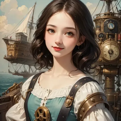 402 ((A 17-year-old woman )),(shorthair is added),(Shortcut),(Neat hair),(Ultra High Definition),(Airship Pilots),( Steampunk Airship ),(Leonardo da Vinci Style Paintings),(Archaic smile)