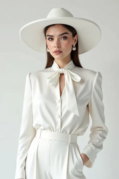 woman wearing a white satin blouse with a white neck tie, 3 piece white suit, white wide brim hat, white pantalon pants