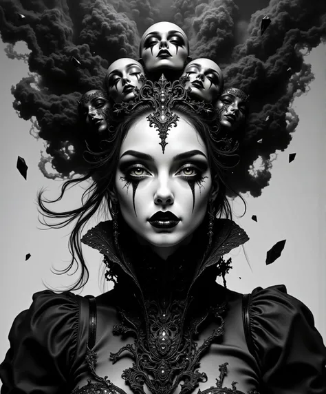 A hauntingly beautiful black and white portrait of an ethereal woman with multiple overlapping faces, hyperrealistic details, deep penetrating eyes reflecting infinite mirrors, skin like polished marble, delicate baroque patterns emerging from her elongate...