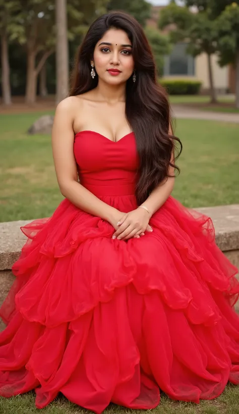 A beautiful big breast Indian woman confidently posing outdoors in a bold red strapless gown with a dramatic, ruffled tulle skirt and a deep neckline. She has long, voluminous hair, elegant earrings, and subtle makeup, sitting on park. Trees grass in the b...
