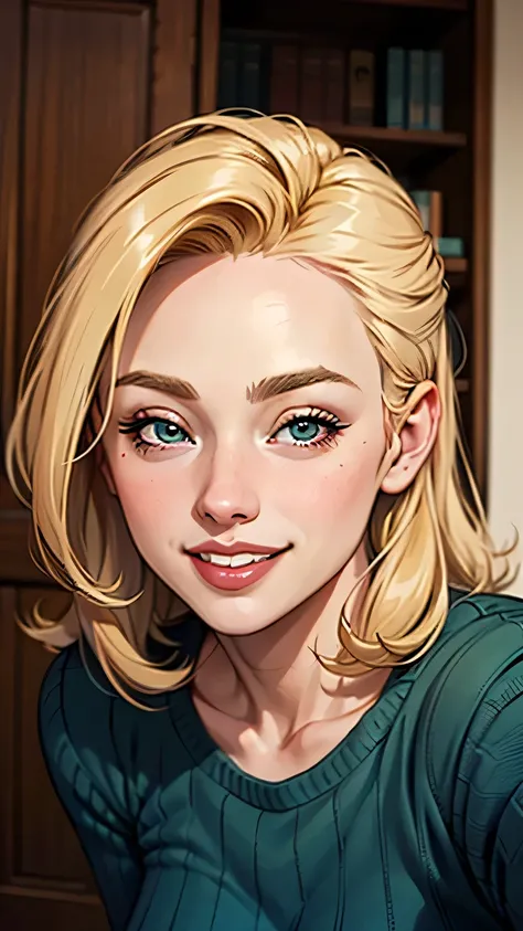 A close-up of a woman in a sweater, uma garota, uma beautiful mulher com cabelo castanho, uma cute young garota loira, She is blonde, uma mulher loira, uma jovem loira, brown head, decote, one is short blonde blonde, sardas fofas, lindo sorriso sedutor, co...