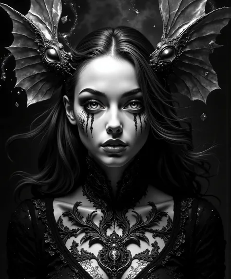 A hauntingly beautiful black and white portrait of an ethereal woman with multiple overlapping faces, hyperrealistic details, deep penetrating eyes reflecting infinite mirrors, skin like polished marble, delicate baroque patterns emerging from her elongate...