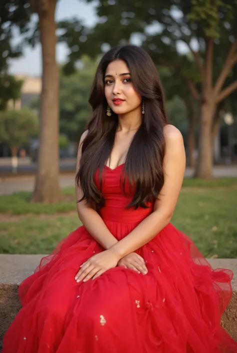 A beautiful big breast Indian woman confidently posing outdoors in a bold red strapless gown with a dramatic, ruffled tulle skirt and a deep neckline. She has long, voluminous hair, elegant earrings, and subtle makeup, sitting on park. Trees grass in the b...
