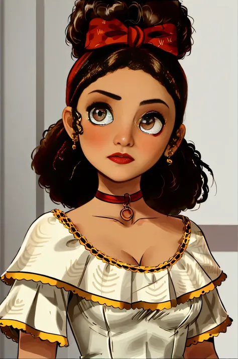 perfect well-designed eyes, bride, beautiful, beautiful, flores, studio lighting, dolores madrigal from Encanto, small boobs, neckline