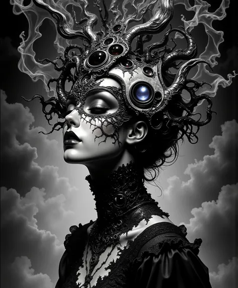 A hauntingly beautiful black and white portrait of an ethereal woman with multiple overlapping faces, hyperrealistic details, deep penetrating eyes reflecting infinite mirrors, skin like polished marble, delicate baroque patterns emerging from her elongate...