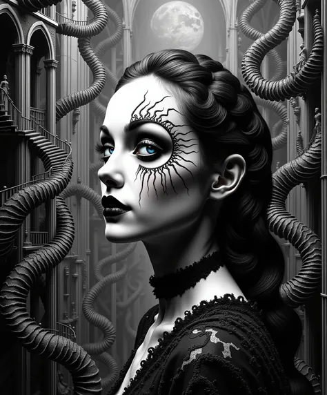 A haunting black and white portrait of an ethereal gothic woman emerging from impossible architecture, her form intertwined with MC Escher-like infinite staircases, skin transforming into crystalline geodesic structures, flowing hair composed of intricate ...