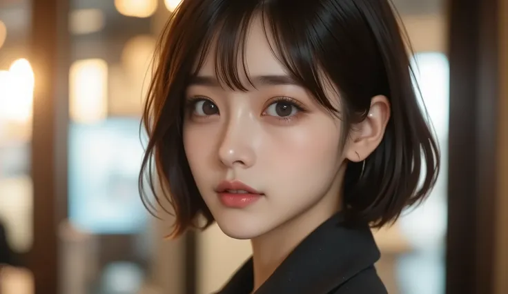 8k,super high resolution , Highest Quality, Masterpiece,rule of thirds,golden ratio,surreal,Picture, one woman,masterpiece,Close up, beautiful woman,Asian woman in suit,chic short dark hair, professional office lady with short dark hair, Dynamic Poses, det...