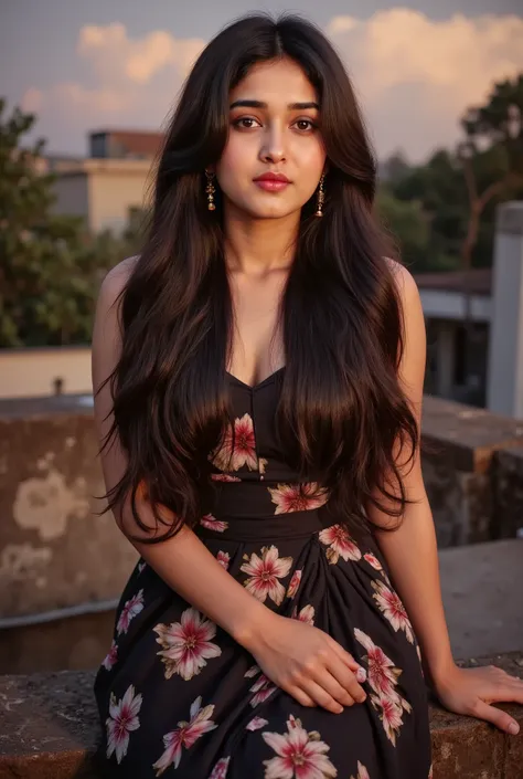 A beautiful young Indian big breast girl sitting on a rooftop wearing a stylish black flower pattern long length dress. and jhumka earrings, and her hair is neatly tied back. The background shows a soft sunset glow with trees house distance, creating a se...