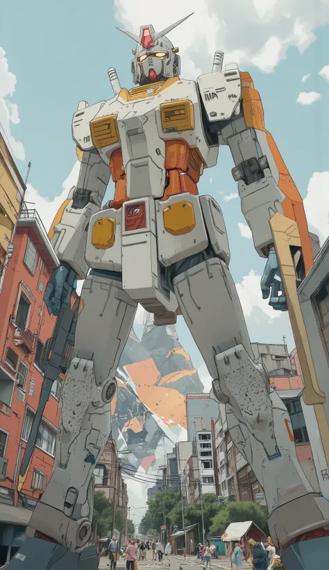 Aerial photography、A giant robot is descending toward a dense area of collapsing multi-tenant buildings in the city that became a battlefield、Off-white and orange aircraft color、off-white and orange coloring、Gundam Style、illustration、Precision Painting、Mec...