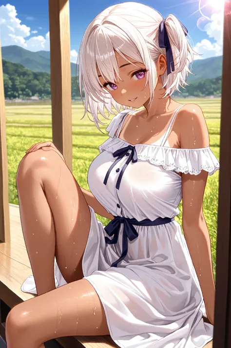 masterpiece, Highest Quality, Great Quality, very aesthetic, Newest, solo, 
White Dress、long skirt、bow leg、(tan brown skin )、Put your hair up、{Japanese Countryside Scenery、Rice Field、Blue Sky、Iris clouds}、
Summer sun、wide-angle lens with broad skin、lens fl...