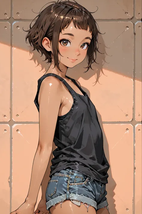 (((lively girl))),
1girl,Super Detailed,absolute resolution,(dynamic angles),(tanned skin:0.3),Japanese girl,(portrait),(pinup),cowboy shot,from side,beside viewer,
(outstretched arms:0.5),
black tank top,denim shorts,(untucked black tank top:1.3),barefoo...