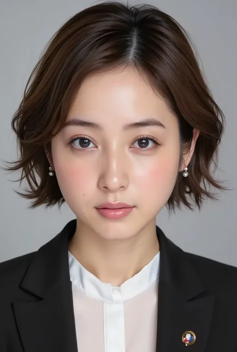  This is Japanese News Caster  NHK News.., serious expression,、髪型ショートカット、ウェーブヘア、office lady suit、black jacket、white shirt、ear piercing、necklace、dark eyeshadow