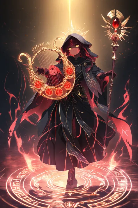 Masterpiece, natural lighting, night, perfect shadows, ray tracing, detailed image, perfect human anatomy, androgynous figure with strong biophysique, large, muscular, with a calm and solemn presence, dark skin marked by glowing golden spiral tattoos, half...