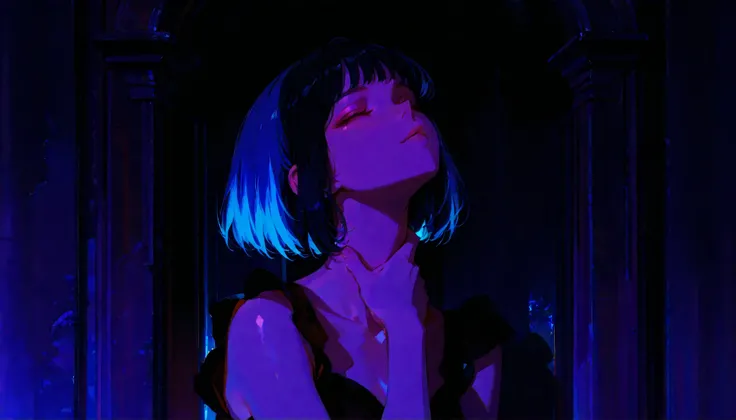 1girl, short dark bob cut, face-framing bangs, sharp silhouette, edgy hairstyle, vibrant anime colors, rich color palette, well-balanced hues, smooth shading, soft gradients, polished coloring, cinematic lighting, natural reflections, warm and cool contras...