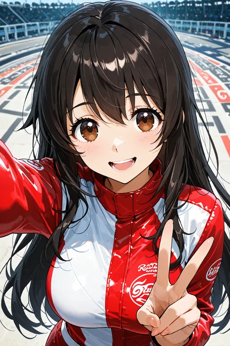 1girl, staring closely at the viewer,22 years old, (Tareme, detailed cute brown eyes), Curled Lashes, (big breasts:0.8), Female Racers, dark haired, Long Hair, (Smile Yan, open your mouth), v, Red Racing Suit, Sponsor logos, race circuit background, physic...