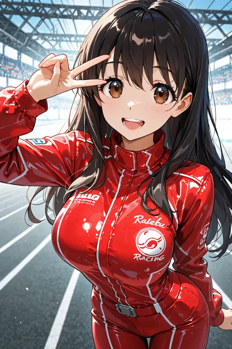 1girl, staring closely at the viewer,22 years old, (Tareme, detailed cute brown eyes), Curled Lashes, (big breasts:0.8), Female Racers, dark haired, Long Hair, (Smile Yan, open your mouth), v, Red Racing Suit, Sponsor logos, race circuit background, physic...