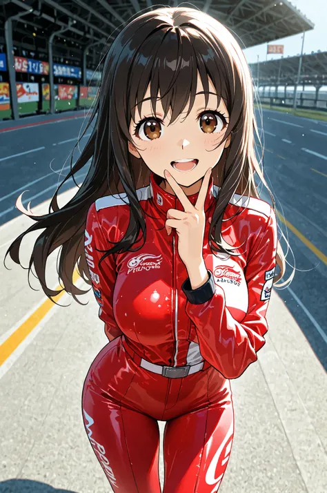 1girl, staring closely at the viewer,22 years old, (Tareme, detailed cute brown eyes), Curled Lashes, (big breasts:0.8), Female Racers, dark haired, Long Hair, (Smile Yan, open your mouth), v, Red Racing Suit, Sponsor logos, race circuit background, physic...