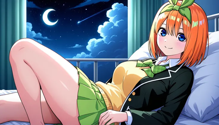 1girl,nakano_yotsuba, (jacket), short hair, hair ribbon, green ribbon, hairband, green bow, collared shirt, sweater vest, blazer, black jacket, open clothes, long sleeves, green skirt, pleated skirt, ,smile,thick thighs,knee up,crescent moon, stars (sky),l...
