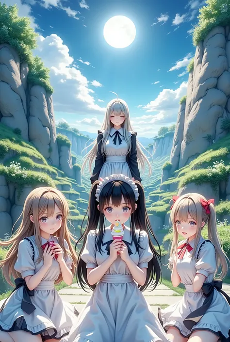 Low Angle、valley、sweat、maid clothes、frilly string、tall man with plump breasts、girls、long hair orange、wave hair twin tails、parfait、 cute、terrace、moonlight ultra-high definition 4K photoreal、Professional Shoot、HDR、extreme detail、sharp focus、Physically Based ...