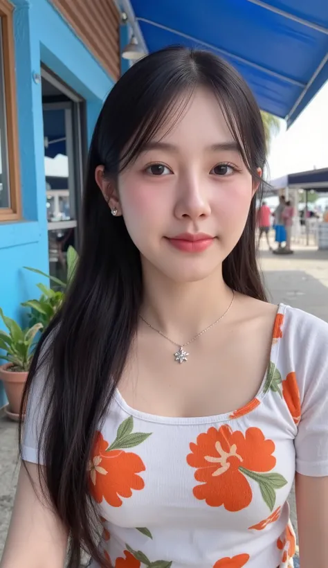 Realistic teen girl Beautiful face Black long hair Big breasts Attractive shape looking at camera 8K high definition sharp focus very high detail like real photo, natural light, smooth skin
Sitting in a bright blue-toned seaside cafe, bare stucco walls and...