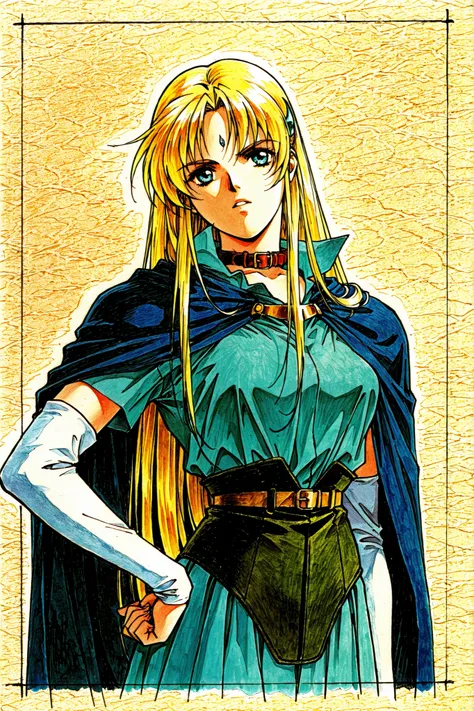 Sharon, retro artstyle, Fair skin, solo, ((a young girl)),(rin sin style),(traditional media style),anime style, from little side,
Blonde hair, long hair, hair ornaments, blue cloak, bule eyes,
upper body, slim, standing, left hand on hip , Grab hip,
(tilt...