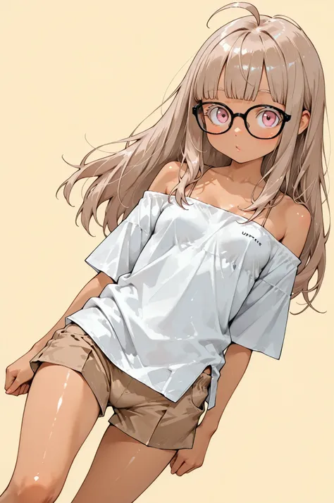((cute girl)),1girl,Super Detailed,absolute resolution, (tanned skin:0.3),portrait,((pinup)),,oversized white off-shoulder shirt,(untucked off-shoulder shirt:1.3),brown mini Culottes,Bare Foot,detailed and beautiful face and eyes,light brown hair, light pi...