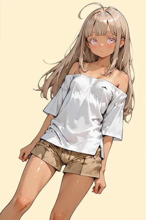 ((cute girl)),1girl,Super Detailed,absolute resolution, (tanned skin:0.3),portrait,((pinup)),,oversized white off-shoulder shirt,(untucked off-shoulder shirt:1.3),brown mini Culottes,Bare Foot,detailed and beautiful face and eyes,light brown hair, light pi...